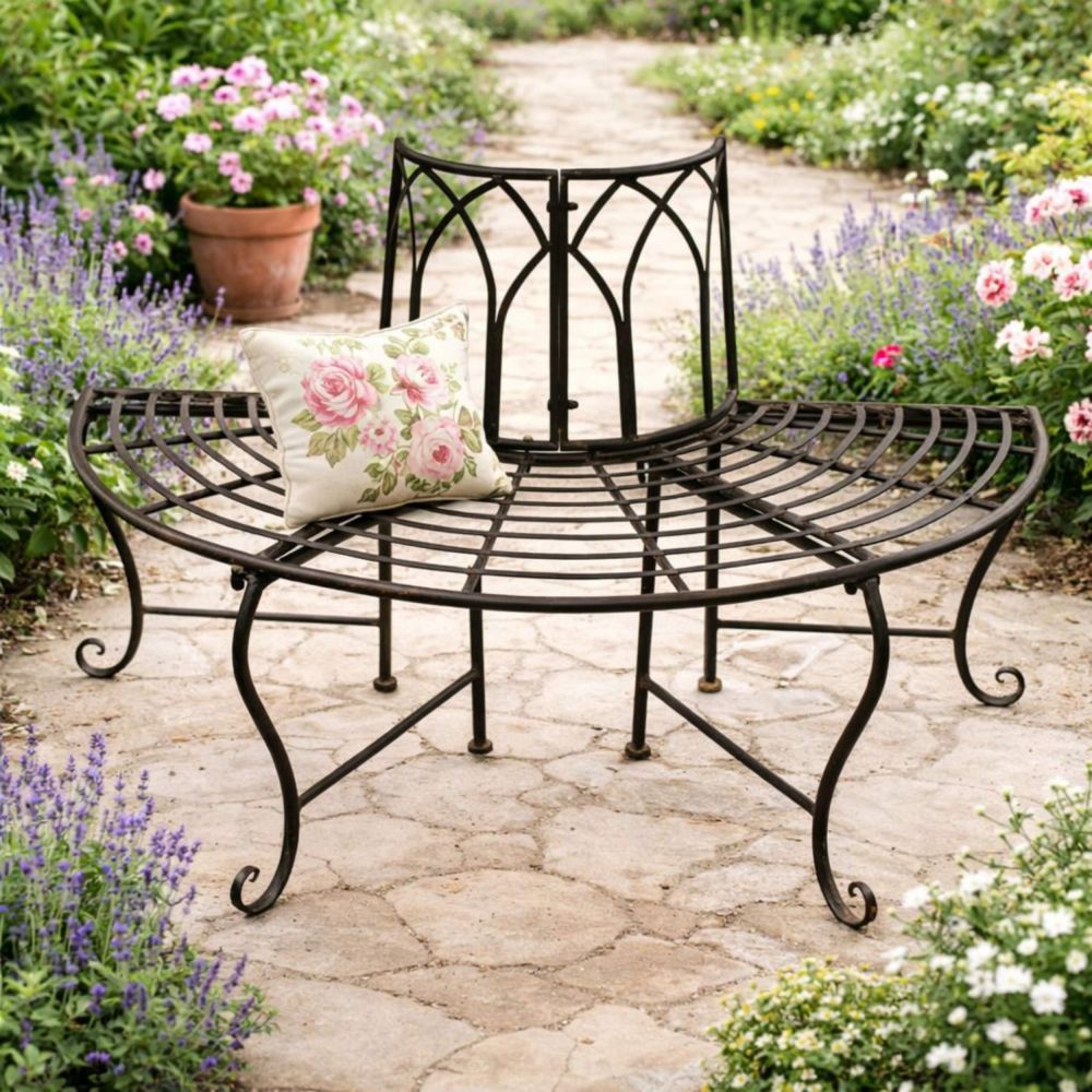 DanDiBo Baumbank Halbrund Metall Wetterfest Braun 127 cm 3 Sitzer 121071 Gartenbank mit Rückenlehne Rundbank Parkbank Bank Outdoor Sitzbank