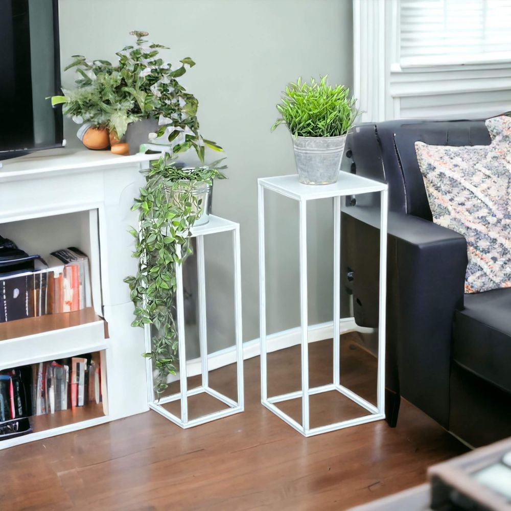 DanDiBo Blumenhocker Metall Weiß Eckig Blumenständer Beistelltisch 96482 2er Set Blumensäule Modern Pflanzenständer Pflanzenhocker