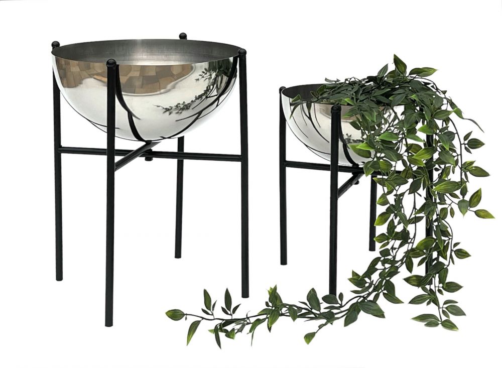 DanDiBo Flower Stool Metal with Pot Black Silver Set of 2 Flower Stands 96257 Flower Column Modern Plant Stand Plant Stool