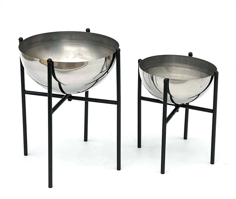 DanDiBo Flower Stool Metal with Pot Black Silver Set of 2 Flower Stands 96257 Flower Column Modern Plant Stand Plant Stool