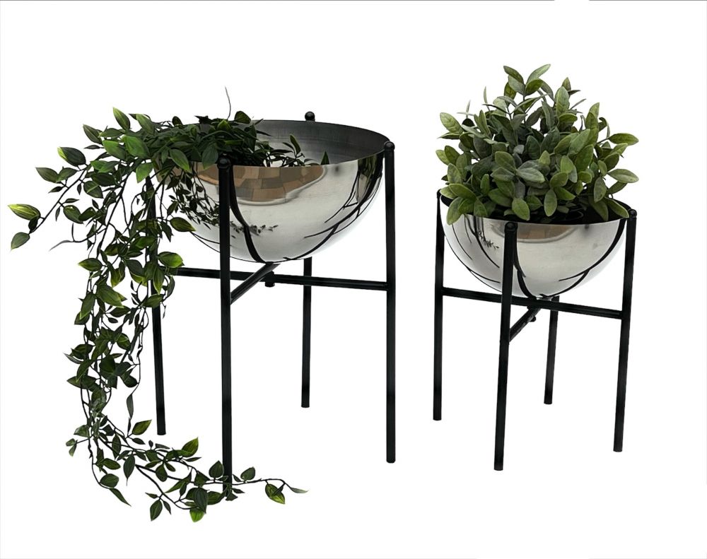 DanDiBo Flower Stool Metal with Pot Black Silver Set of 2 Flower Stands 96257 Flower Column Modern Plant Stand Plant Stool