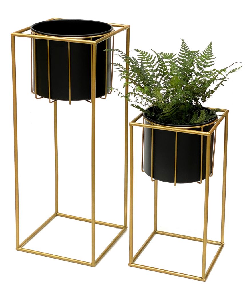 DanDiBo Blumenhocker mit Topf Metall Gold Schwarz Eckig 2er Set Blumenständer 96035 Blumensäule Modern Pflanzenständer Pflanzenhocker