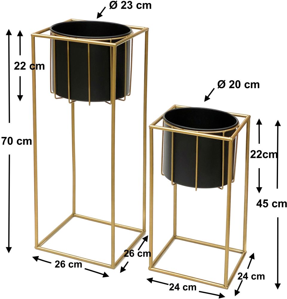 DanDiBo Blumenhocker mit Topf Metall Gold Schwarz Eckig 2er Set Blumenständer 96035 Blumensäule Modern Pflanzenständer Pflanzenhocker