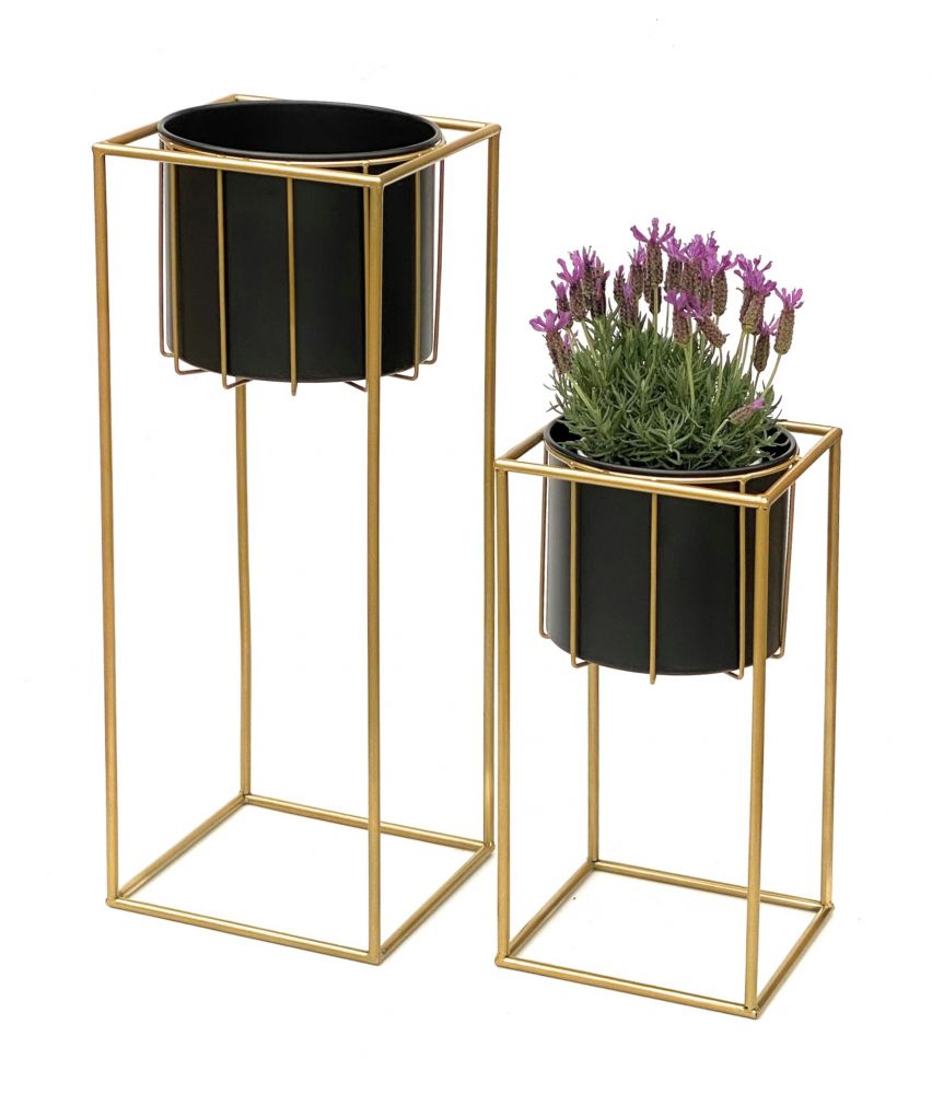 DanDiBo Blumenhocker mit Topf Metall Gold Schwarz Eckig 2er Set Blumenständer 96035 Blumensäule Modern Pflanzenständer Pflanzenhocker