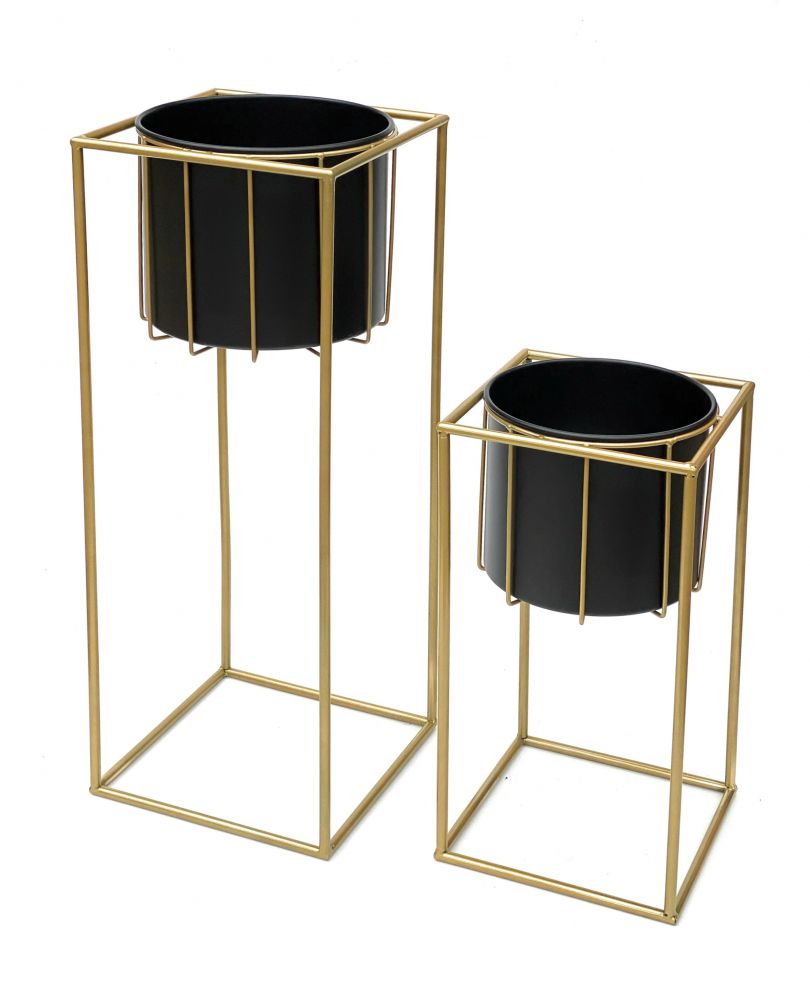 DanDiBo Blumenhocker mit Topf Metall Gold Schwarz Eckig 2er Set Blumenständer 96035 Blumensäule Modern Pflanzenständer Pflanzenhocker