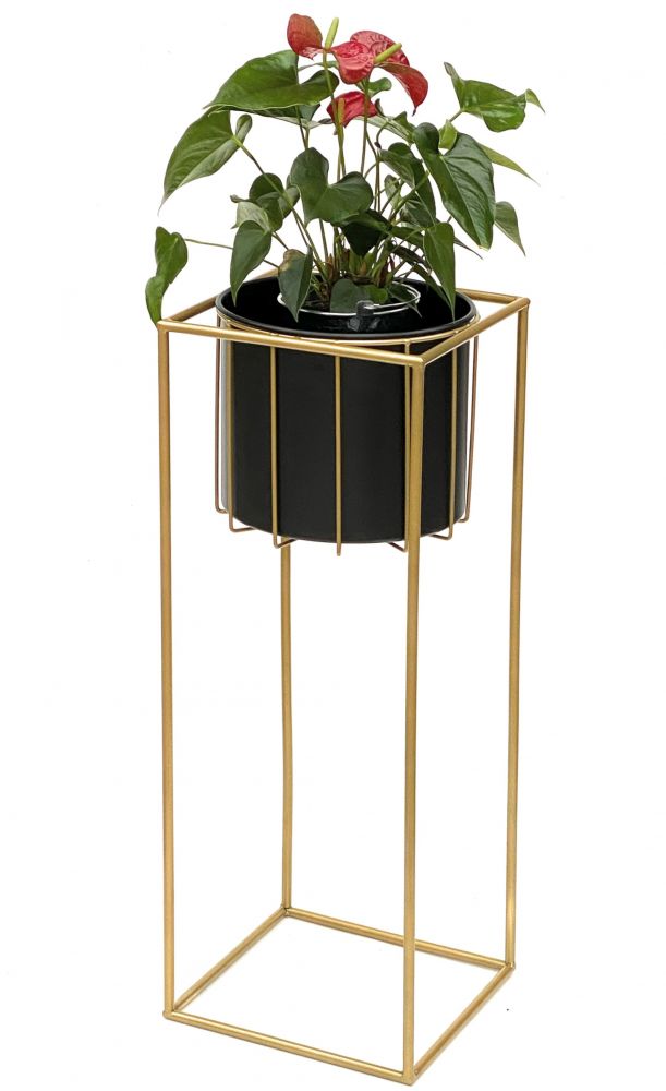 DanDiBo Blumenhocker mit Topf Metall Gold Schwarz Eckig L 70 cm Blumenständer 96035 Blumensäule Modern Pflanzenständer Pflanzenhocker