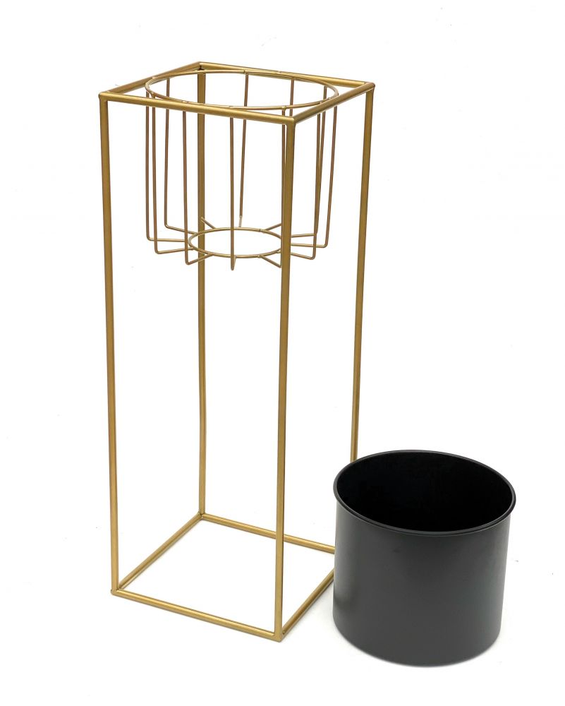 DanDiBo Blumenhocker mit Topf Metall Gold Schwarz Eckig L 70 cm Blumenständer 96035 Blumensäule Modern Pflanzenständer Pflanzenhocker