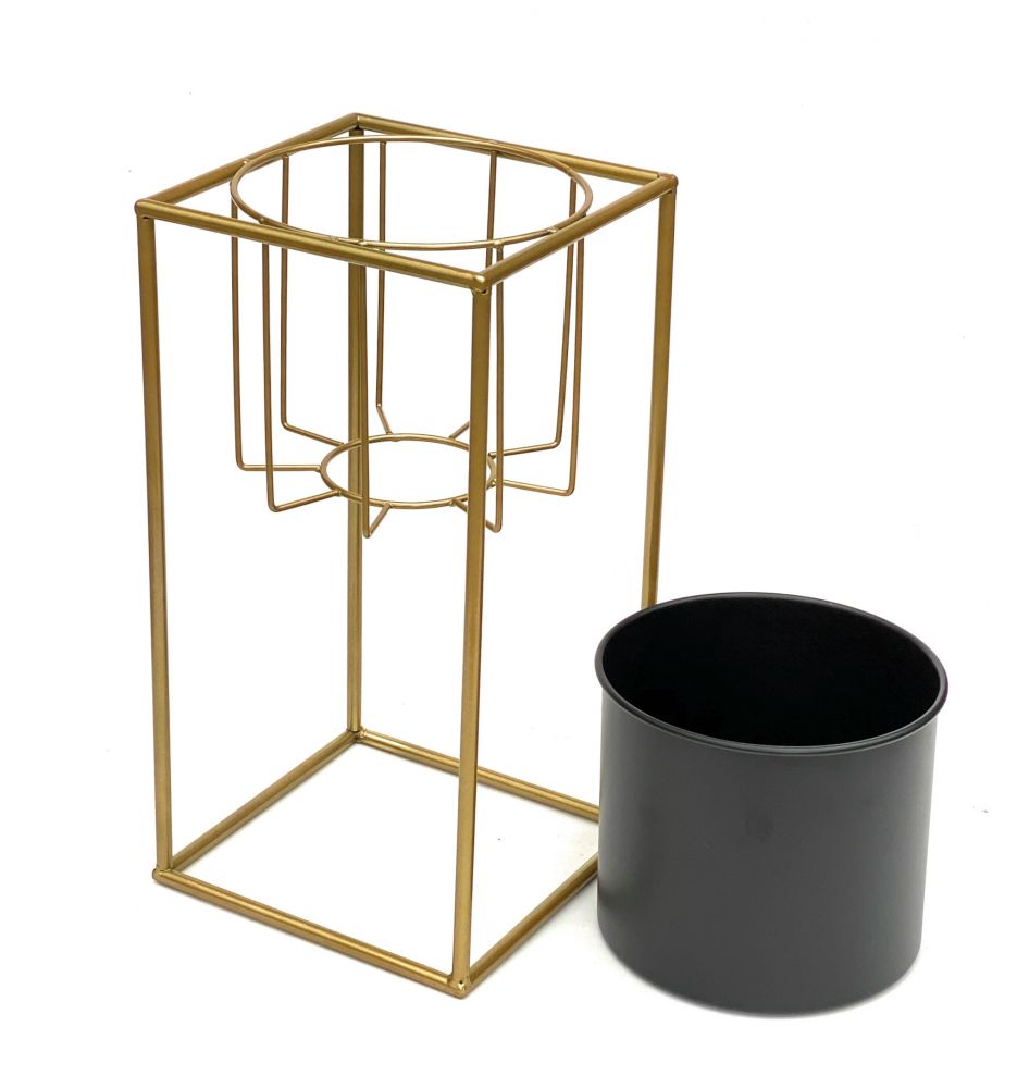 DanDiBo Blumenhocker mit Topf Metall Gold Schwarz Eckig S 45 cm Blumenständer 96035 Blumensäule Modern Pflanzenständer Pflanzenhocker