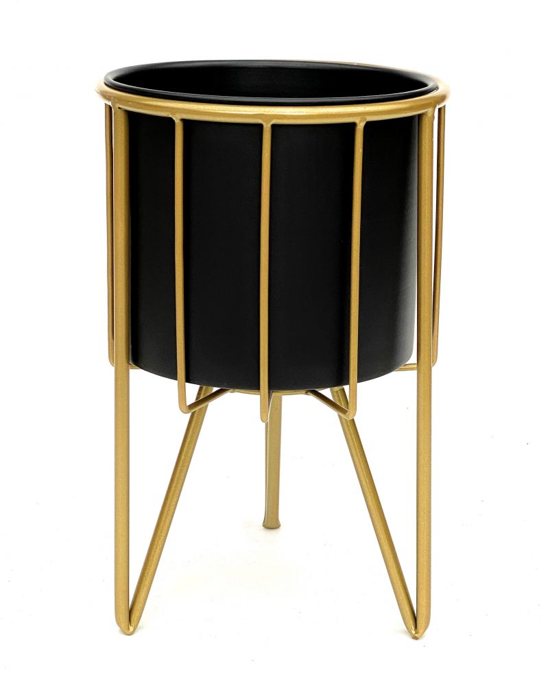 DanDiBo Blumenhocker mit Topf Metall Gold Schwarz Rund 2er Set Blumenständer 96039 Blumensäule Modern Pflanzenständer Pflanzenhocker