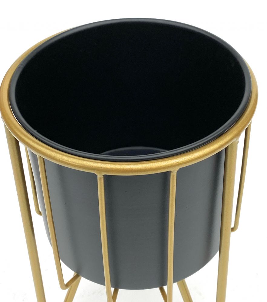 DanDiBo Blumenhocker mit Topf Metall Gold Schwarz Rund 2er Set Blumenständer 96039 Blumensäule Modern Pflanzenständer Pflanzenhocker