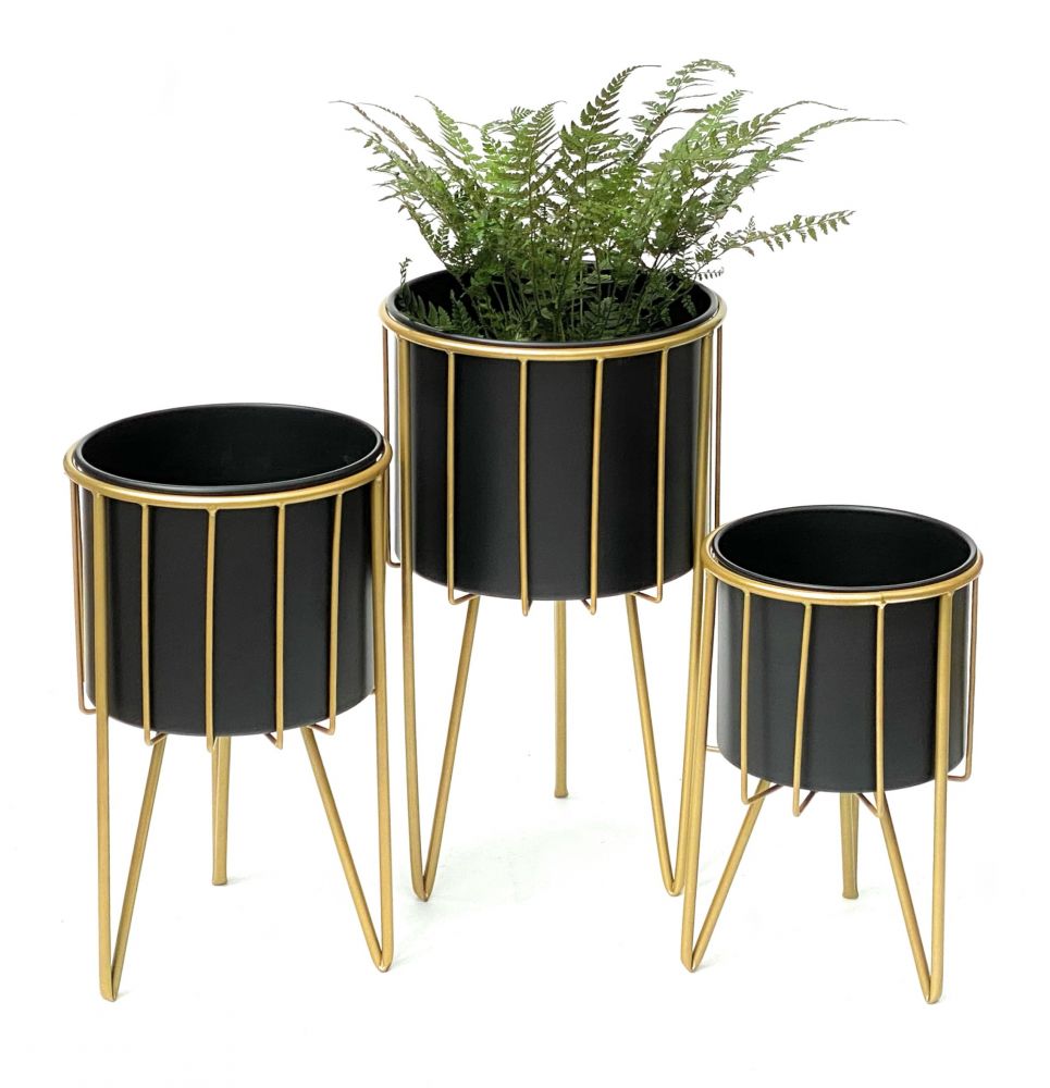 Topf Blumensäule Metall Set Pflanzenständer Modern - 96039 Blumenhocker DanDiBo-Ambiente Rund mit Pflanzenhocker DanDiBo 3er Blumenständer Gold Schwarz