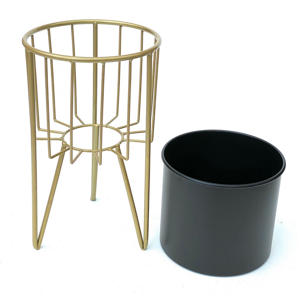 DanDiBo Blumenhocker mit Topf Metall Gold Schwarz Rund M 40 cm Blumenständer 96039 Blumensäule Modern Pflanzenständer Pflanzenhocker