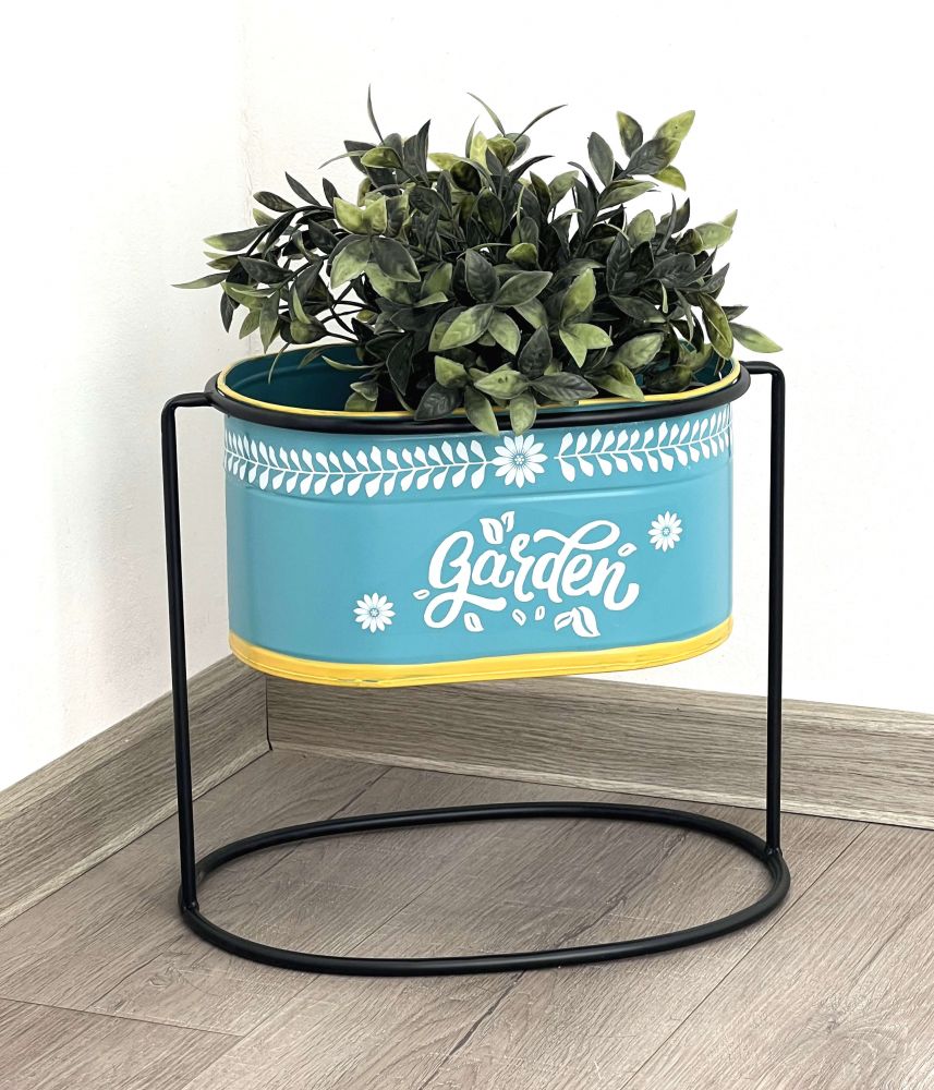 DanDiBo Flower Stool with Pot Metal Standing Blue Oval 27 cm Flower Stand 96526 M Flower Column Modern Plant Stand Planter