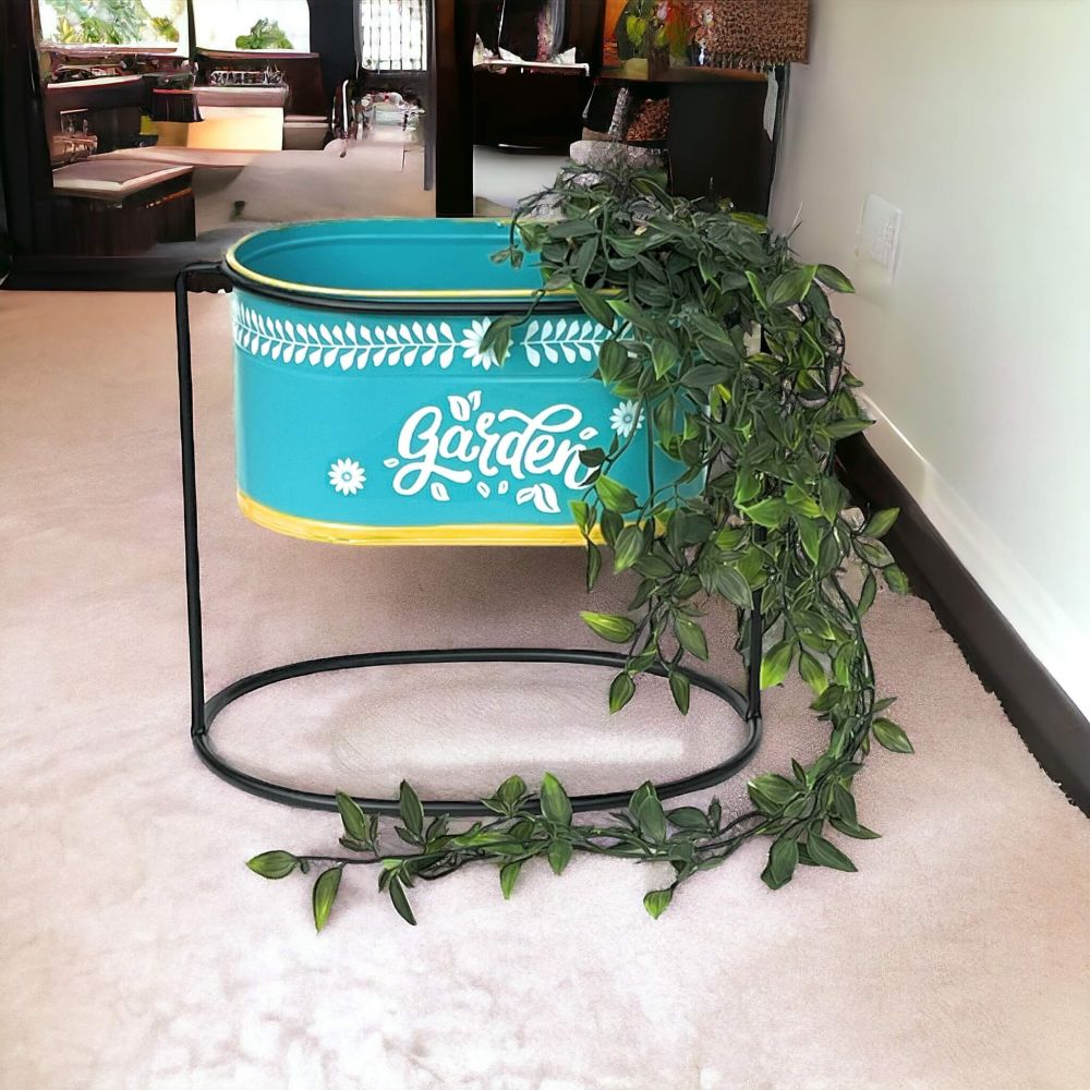DanDiBo Flower Stool with Pot Metal Standing Blue Oval 27 cm Flower Stand 96526 M Flower Column Modern Plant Stand Planter