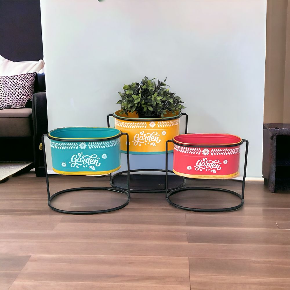 DanDiBo Flower Stool with Pot Metal Standing Multicoloured Oval 96526 Set of 3 Flower Stands Flower Column Modern Plant Stand Planter