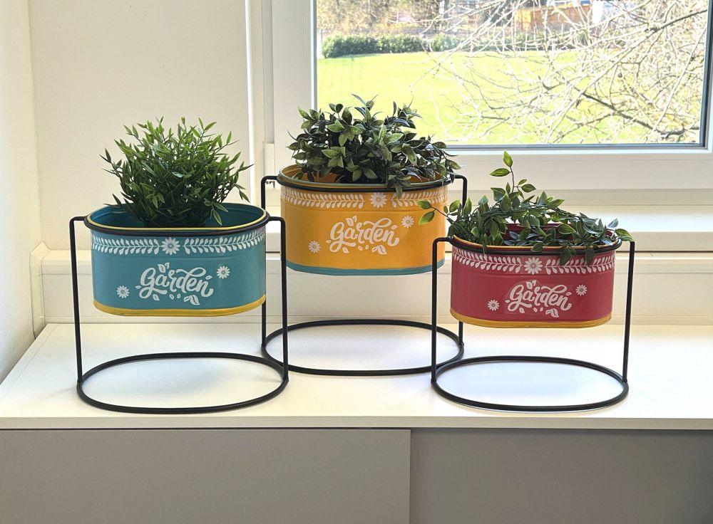 DanDiBo Flower Stool with Pot Metal Standing Multicoloured Oval 96526 Set of 3 Flower Stands Flower Column Modern Plant Stand Planter