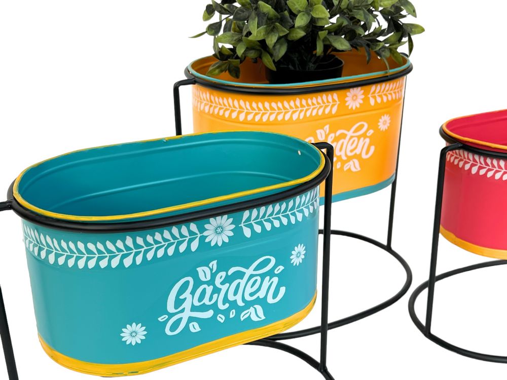 DanDiBo Flower Stool with Pot Metal Standing Multicoloured Oval 96526 Set of 3 Flower Stands Flower Column Modern Plant Stand Planter