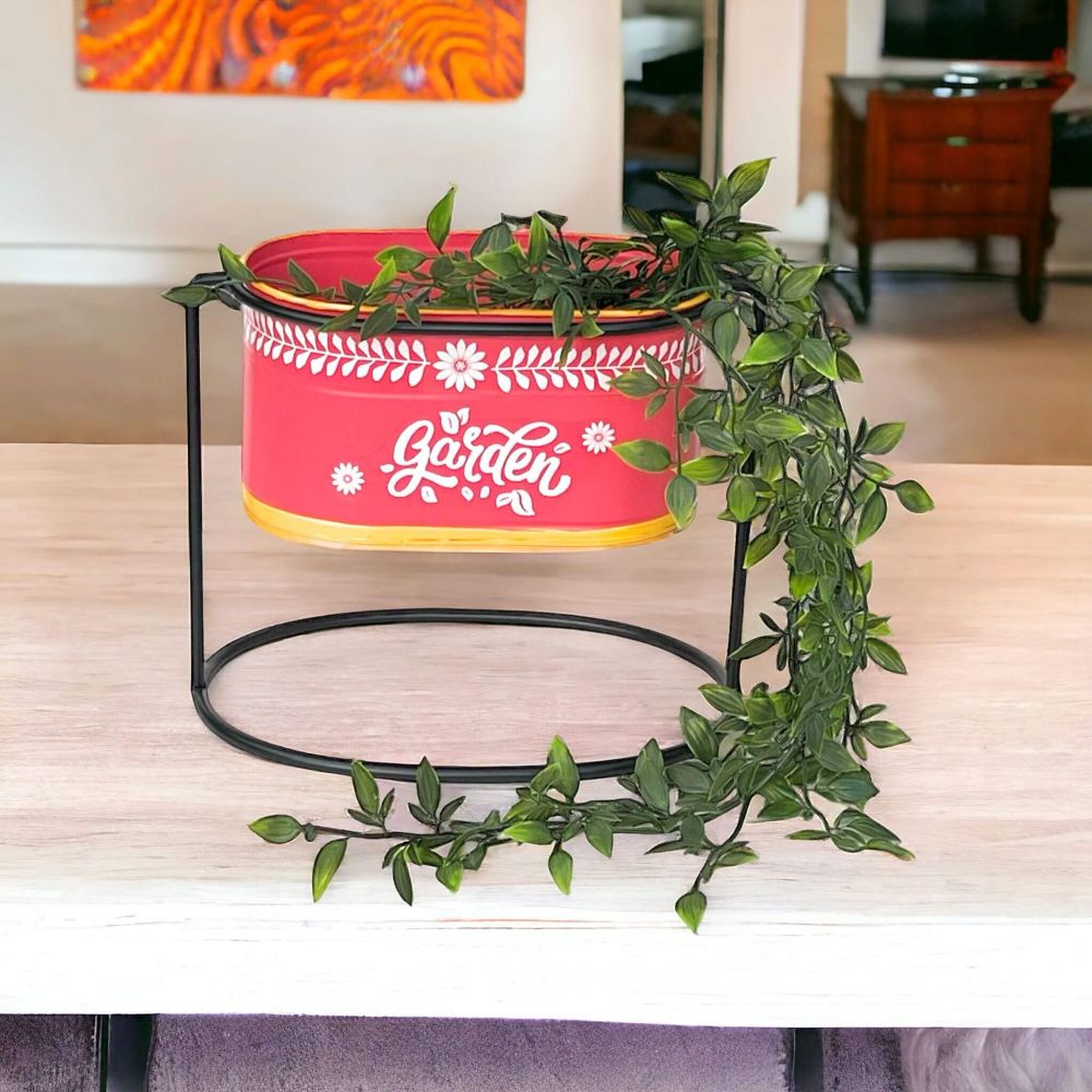 DanDiBo Flower Stool with Pot Metal Standing Red Oval 24 cm Flower Stand 96526 S Flower Column Modern Plant Stand Planter