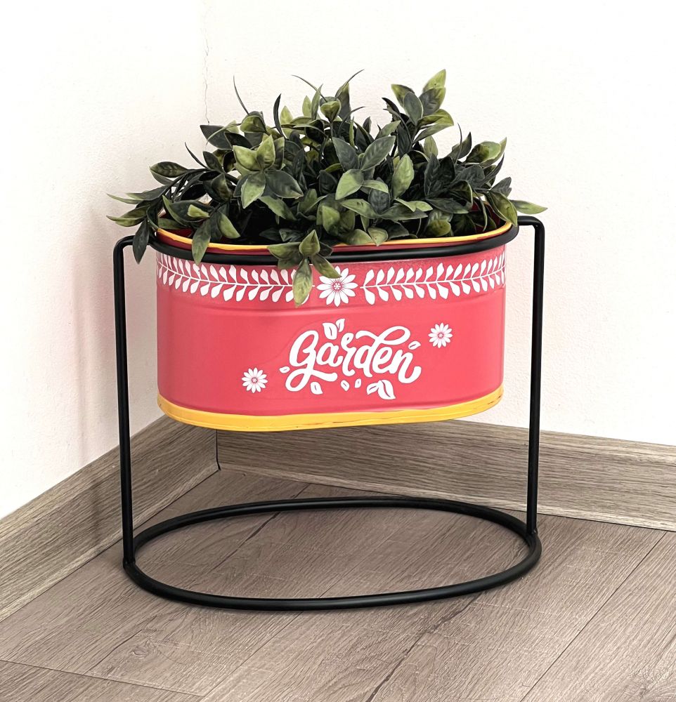 DanDiBo Flower Stool with Pot Metal Standing Red Oval 24 cm Flower Stand 96526 S Flower Column Modern Plant Stand Planter