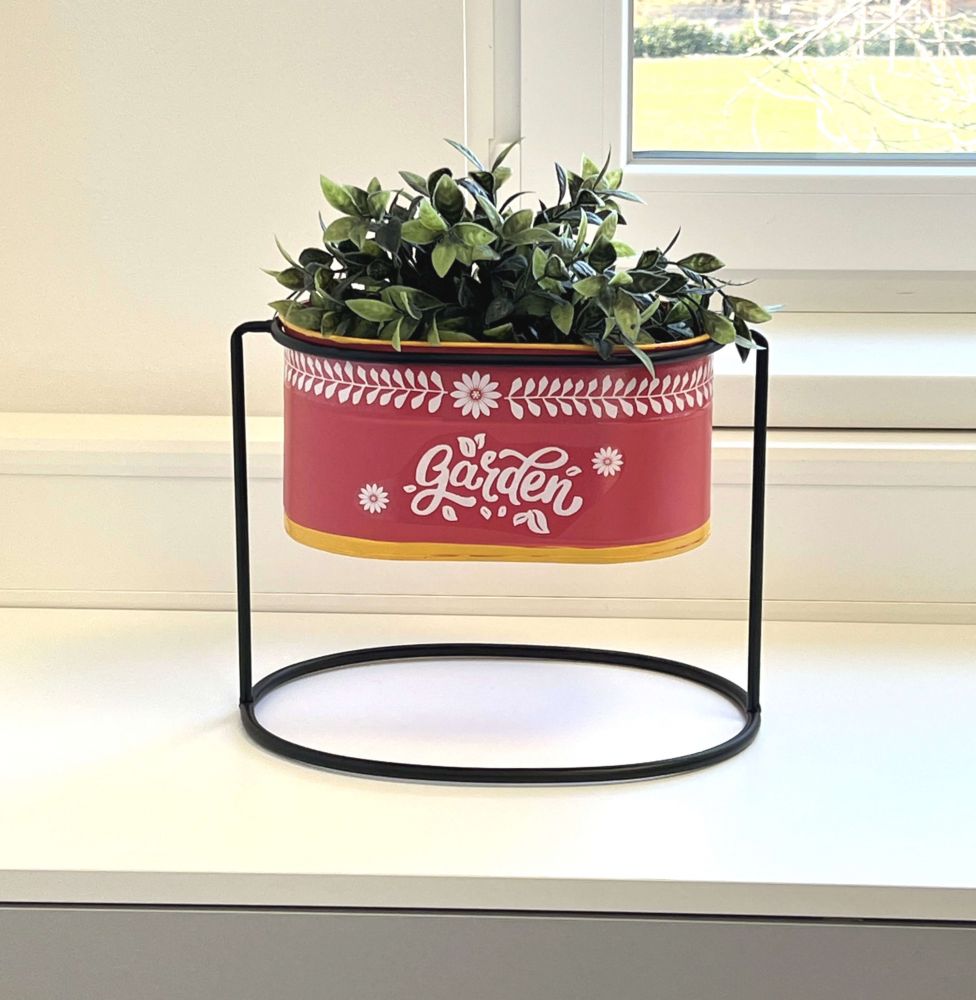 DanDiBo Flower Stool with Pot Metal Standing Red Oval 24 cm Flower Stand 96526 S Flower Column Modern Plant Stand Planter