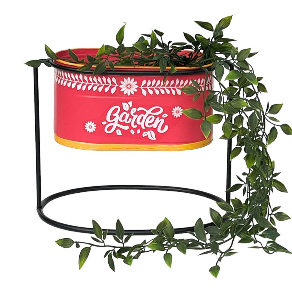 DanDiBo Flower Stool with Pot Metal Standing Red Oval 24 cm Flower Stand 96526 S Flower Column Modern Plant Stand Planter