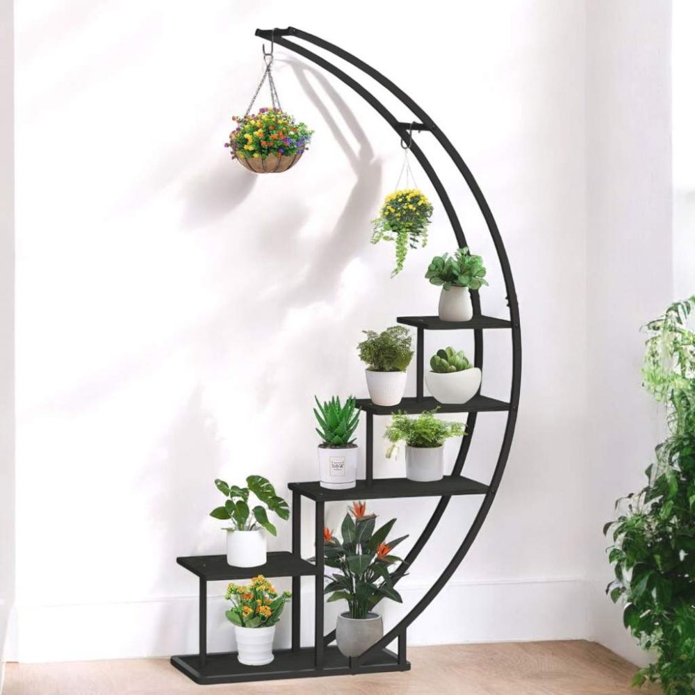 DanDiBo Blumenregal indoor 170 cm Hoch Metall Schwarz Halbrund 96585 Blumentreppe Groß Rund Pflanzenständer Modern Design