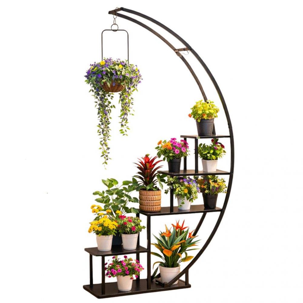 DanDiBo Blumenregal indoor 170 cm Hoch Metall Schwarz Halbrund 96585 Blumentreppe Groß Rund Pflanzenständer Modern Design