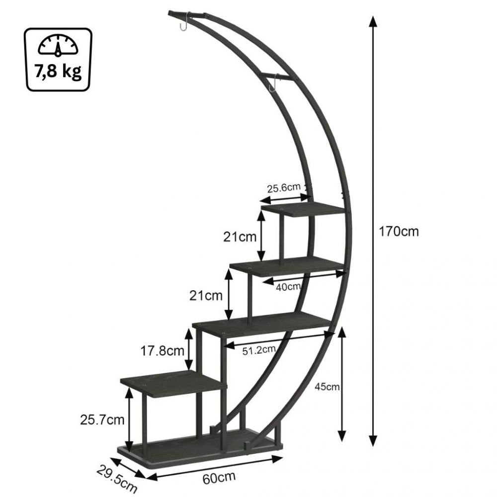 DanDiBo Blumenregal indoor 170 cm Hoch Metall Schwarz Halbrund 96585 Blumentreppe Groß Rund Pflanzenständer Modern Design