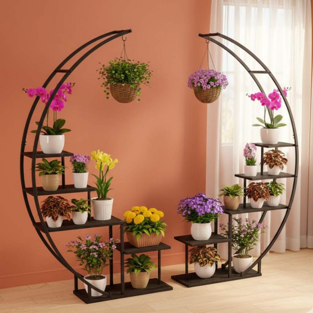 DanDiBo Blumenregal indoor 170 cm Hoch Metall Schwarz Rund 96586 Blumentreppe Groß Halbrund Pflanzenständer Modern Design