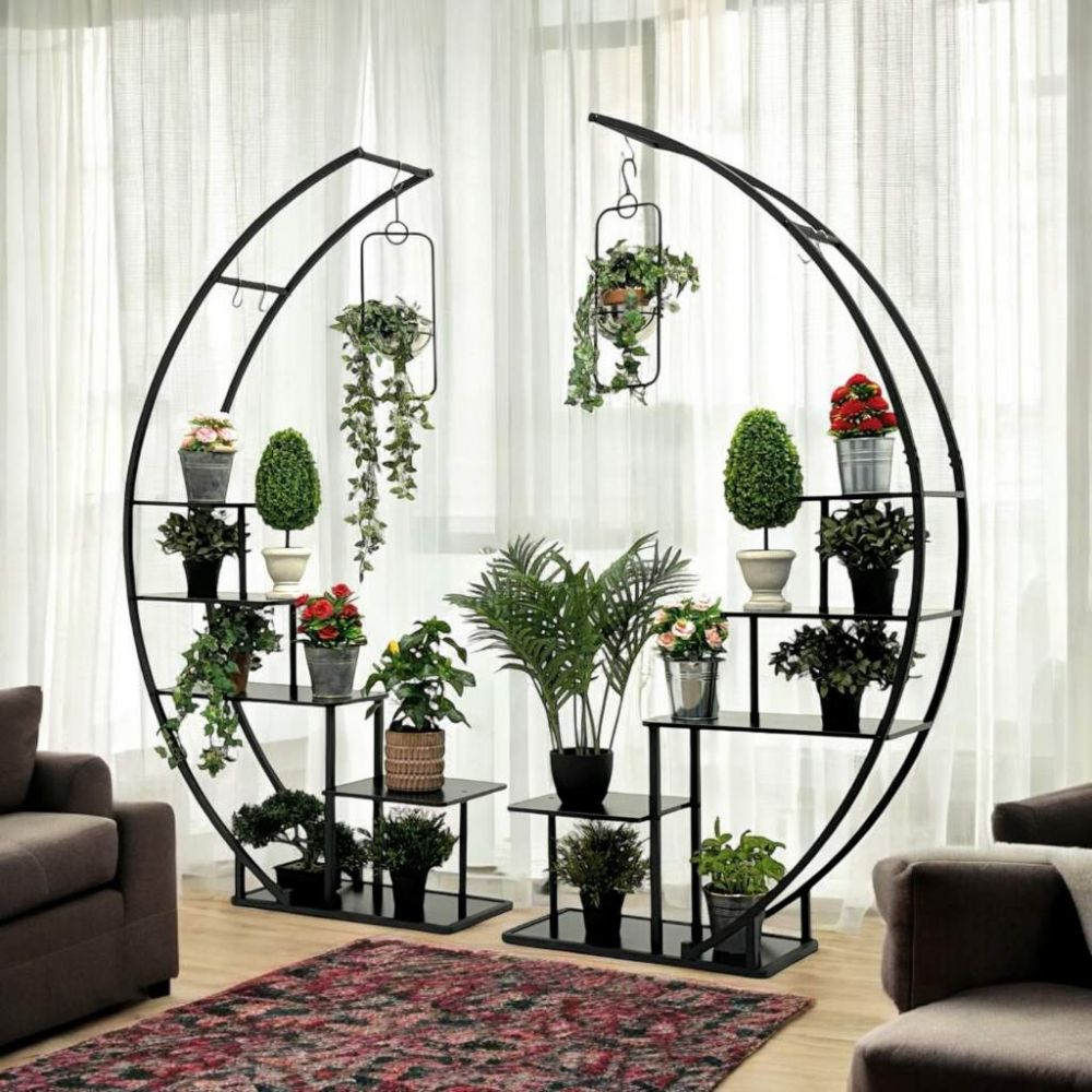 DanDiBo Blumenregal indoor 170 cm Hoch Metall Schwarz Rund 96586 Blumentreppe Groß Halbrund Pflanzenständer Modern Design