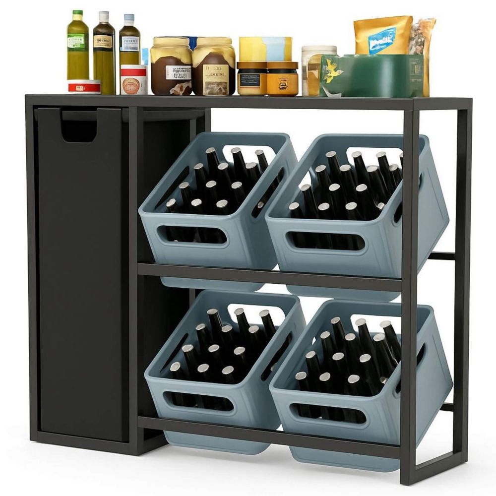 DanDiBo Getränkekistenregal 4 Kisten mit Ablage Pfandflaschen Sammelbehälter 2 in 1 Metall Schwarz 96647 Getränkeregal Behälter Kistenregal Getränkekistenhalter Getränke Regal