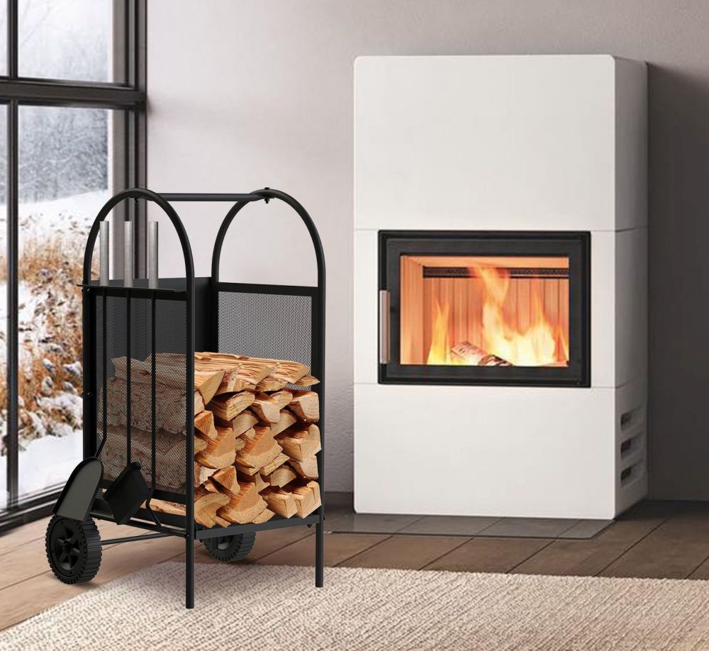 DanDiBo Firewood rack indoor metal black Fireplace wood rack 80 cm with fireplace set and wheels 96358 Fireplace wood trolley Wood basket Fireplace wood holder Wood rack