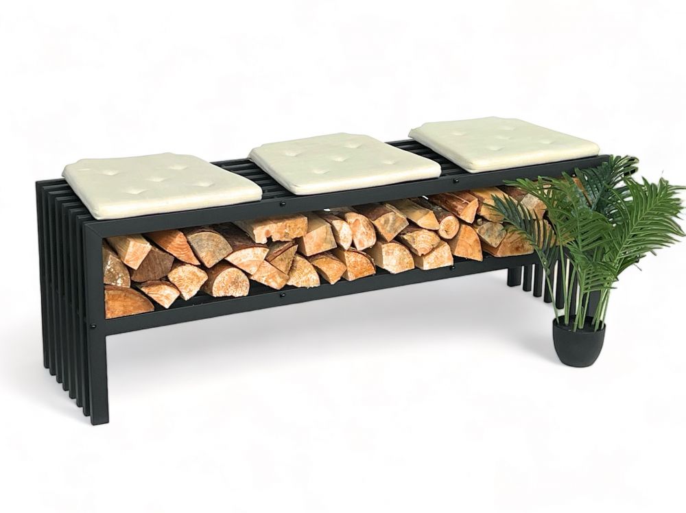 DanDiBo Kaminholzregal Innen mit Sitzbank Metall Schwarz Kaminholzständer mit Bank 96497 Brennholzregal 150 cm Kaminholzhalter