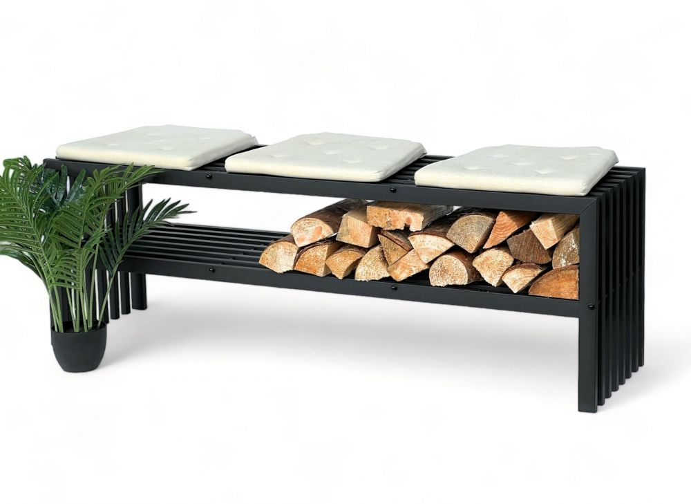 DanDiBo Kaminholzregal Innen mit Sitzbank Metall Schwarz Kaminholzständer mit Bank 96497 Brennholzregal 150 cm Kaminholzhalter
