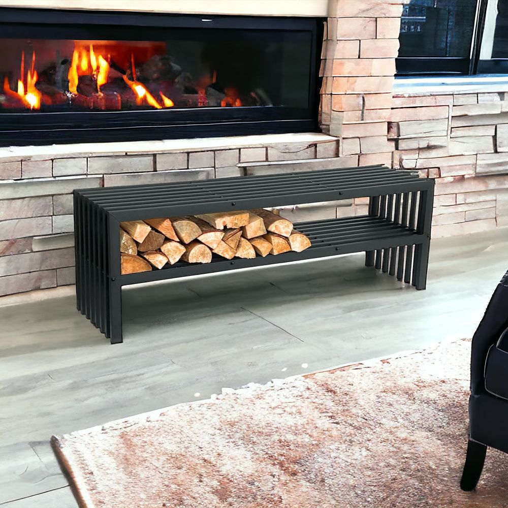 DanDiBo Kaminholzregal Innen mit Sitzbank Metall Schwarz Kaminholzständer mit Bank 96497 Brennholzregal 150 cm Kaminholzhalter