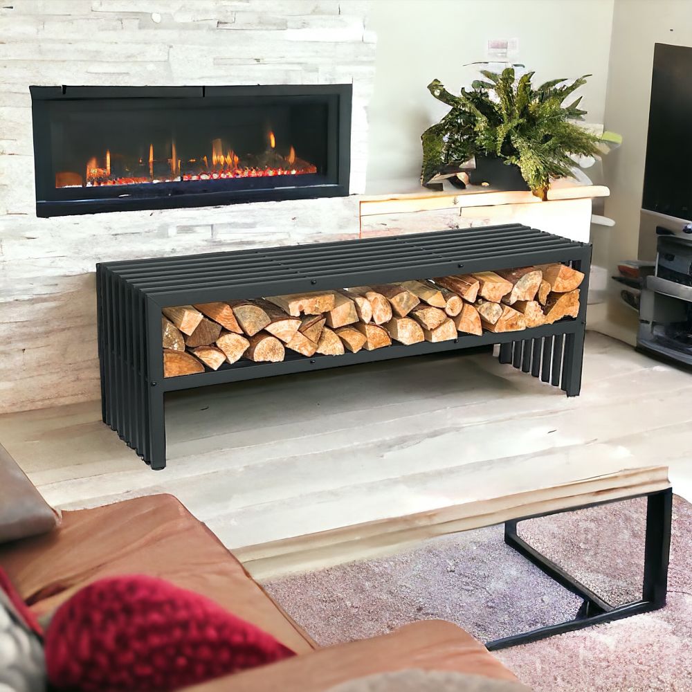 DanDiBo Kaminholzregal Innen mit Sitzbank Metall Schwarz Kaminholzständer mit Bank 96497 Brennholzregal 150 cm Kaminholzhalter