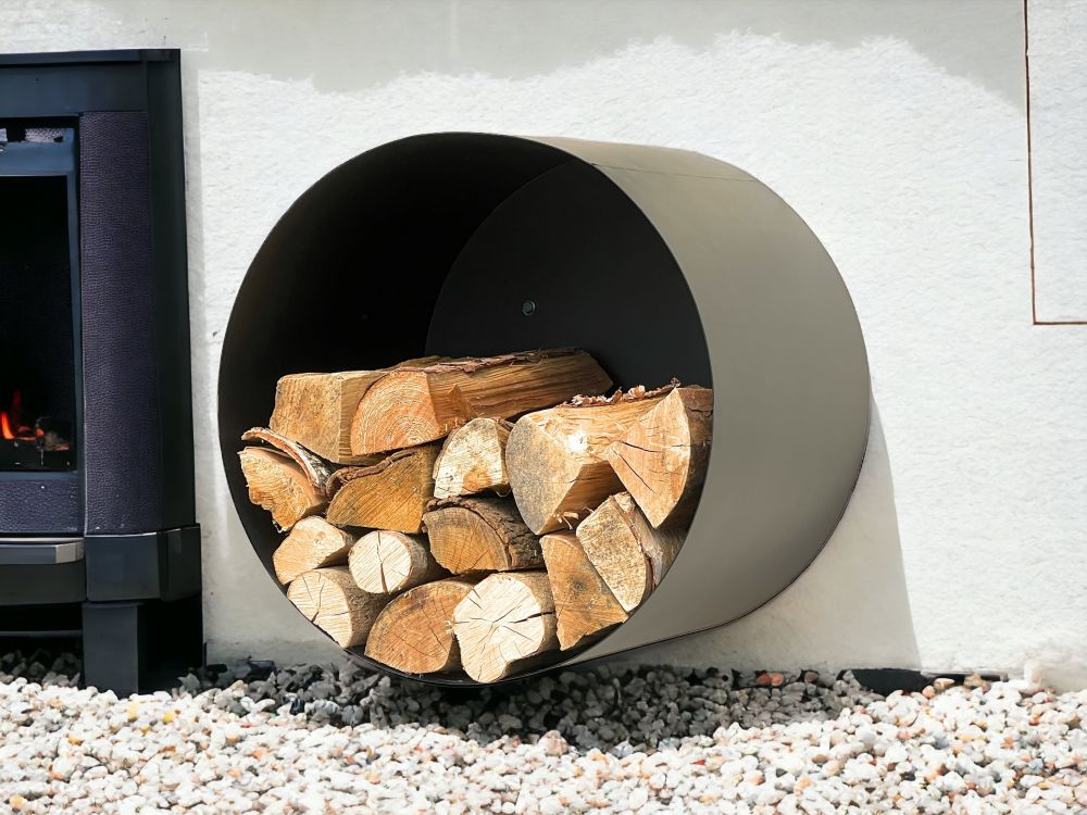 DanDiBo Kaminholzregal Innen Metall Schwarz Rund Wand 50 cm Kaminholzständer mit Rückwand 96433 Wandmontage Hängend Holzkorb Kaminholzhalter Holzregal