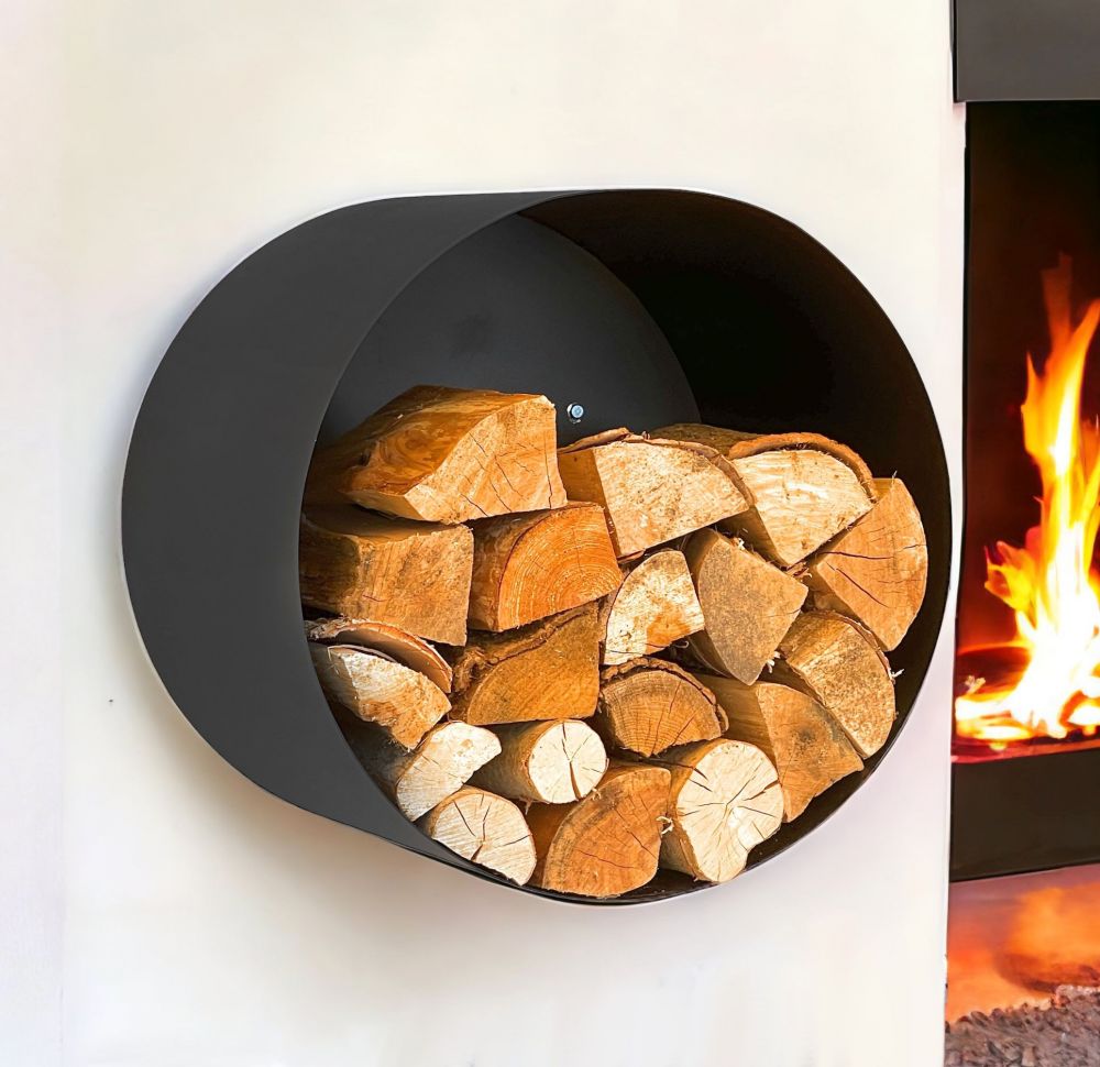 DanDiBo Kaminholzregal Innen Metall Schwarz Rund Wand 50 cm Kaminholzständer mit Rückwand 96433 Wandmontage Hängend Holzkorb Kaminholzhalter Holzregal