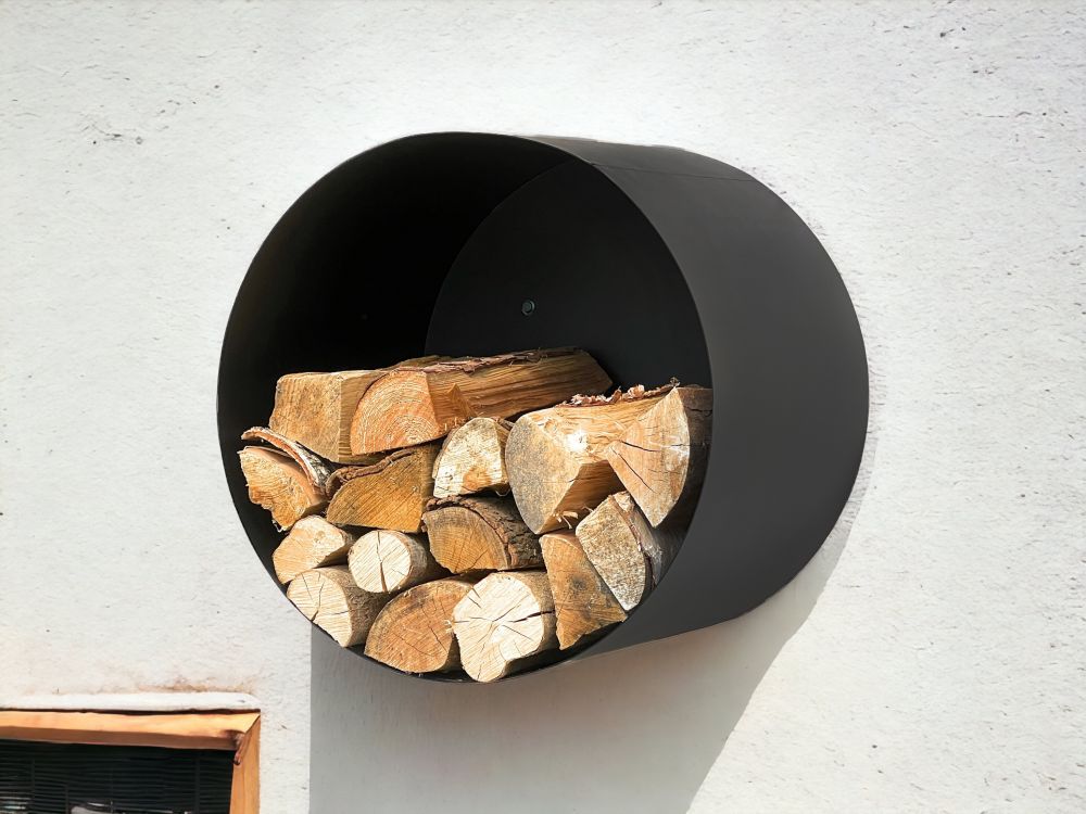 DanDiBo Kaminholzregal Innen Metall Schwarz Rund Wand 50 cm Kaminholzständer mit Rückwand 96433 Wandmontage Hängend Holzkorb Kaminholzhalter Holzregal
