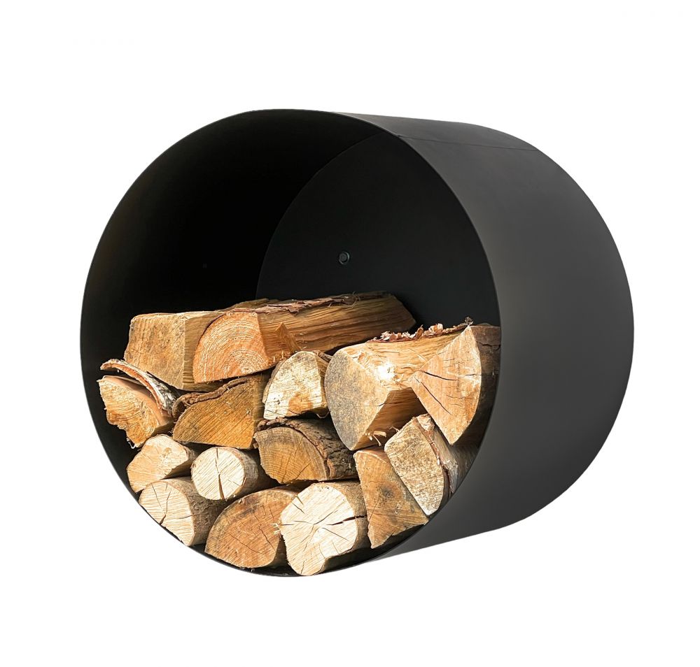 DanDiBo Kaminholzregal Innen Metall Schwarz Rund Wand 50 cm Kaminholzständer mit Rückwand 96433 Wandmontage Hängend Holzkorb Kaminholzhalter Holzregal