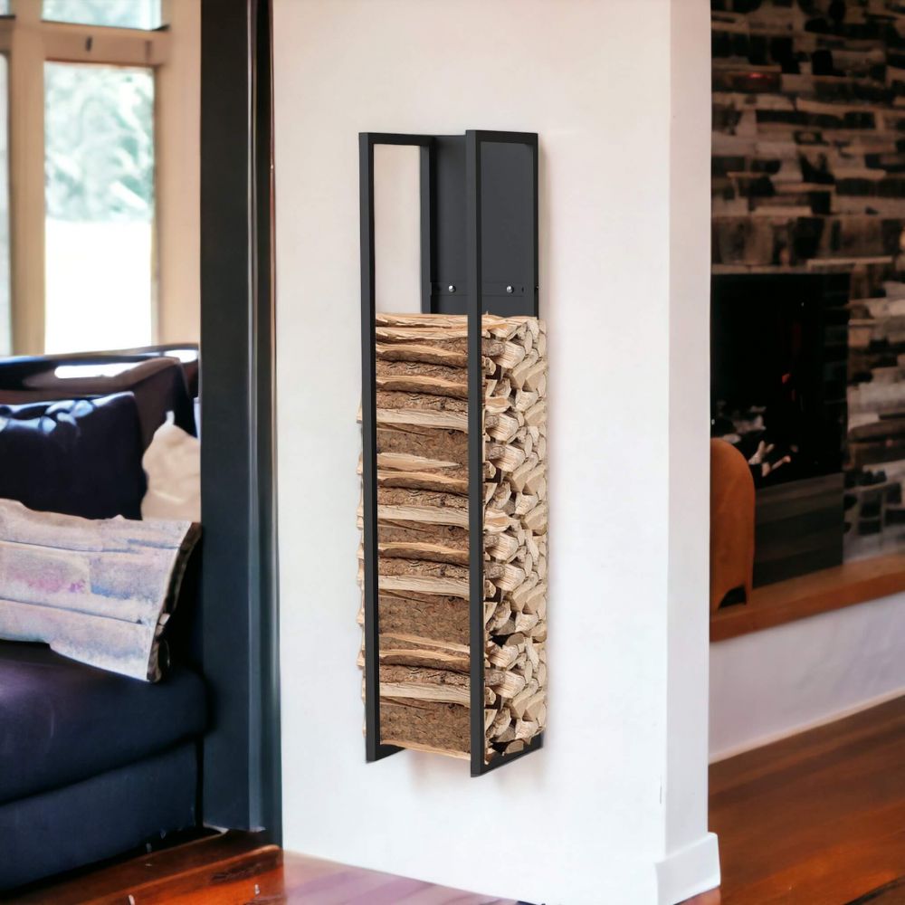 DanDiBo Kaminholzregal Innen Metall Schwarz Kaminholzständer 120 cm mit Rückwand an der Wand Hängend 96465 Holzkorb Kaminholzhalter Holzregal
