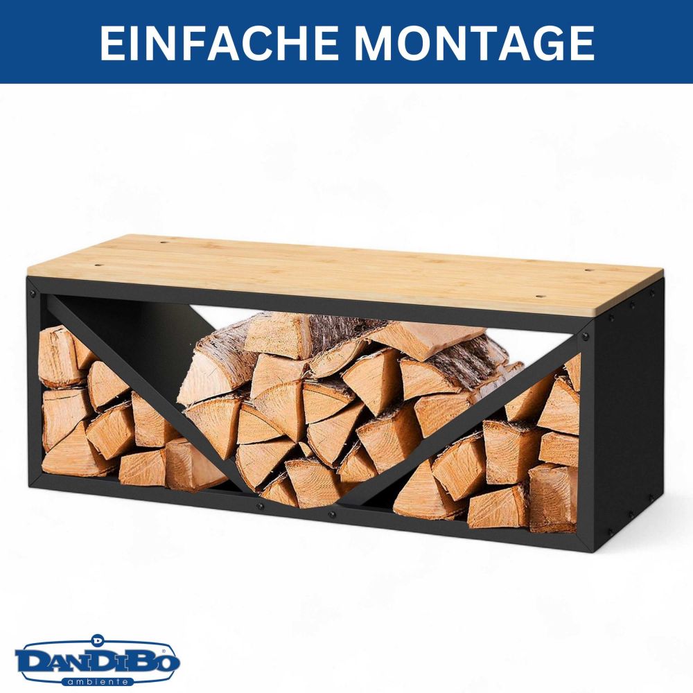 DanDiBo Kaminholzregal Innen mit Sitzbank Bank Metall Schwarz 96602 Brennholzregal Holzaufbewahrung Kaminholzständer Feuerholzregal