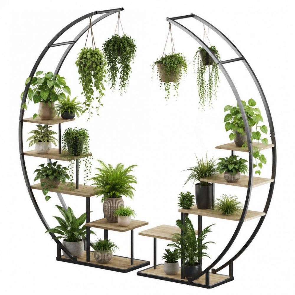 DanDiBo Pflanzenregal Indoor Blumenregal 170 cm Hoch Metall Schwarz Halbrund 96700 Blumentreppe Groß Rund Pflanzenständer plant stand