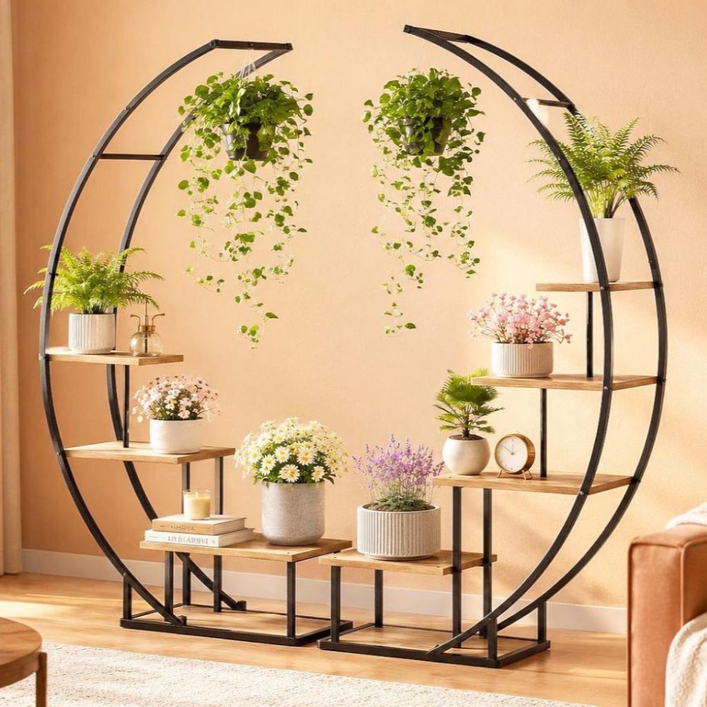 DanDiBo Pflanzenregal Indoor Blumenregal 170 cm Hoch Metall Schwarz Halbrund 96700 Blumentreppe Groß Rund Pflanzenständer plant stand
