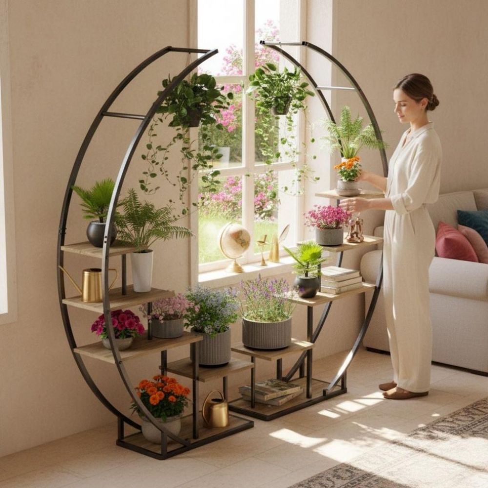 DanDiBo Pflanzenregal Indoor Blumenregal 170 cm Hoch Metall Schwarz Halbrund 96700 Blumentreppe Groß Rund Pflanzenständer plant stand