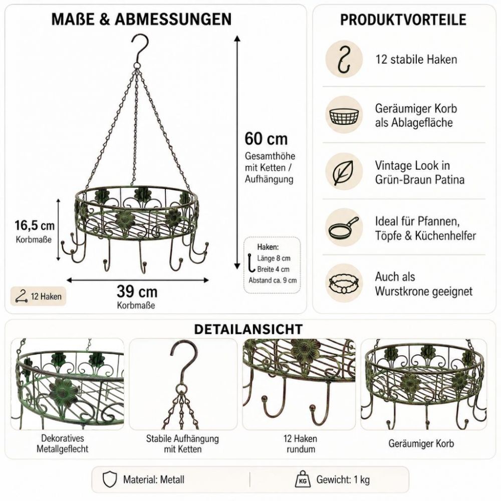 DanDiBo Pot Hanger Ceiling Rack Hanging Basket Green 96006 60 cm Hanging Shelf Sausage Crown Basket Kitchen Shelf Kitchen Crown Herb Crown