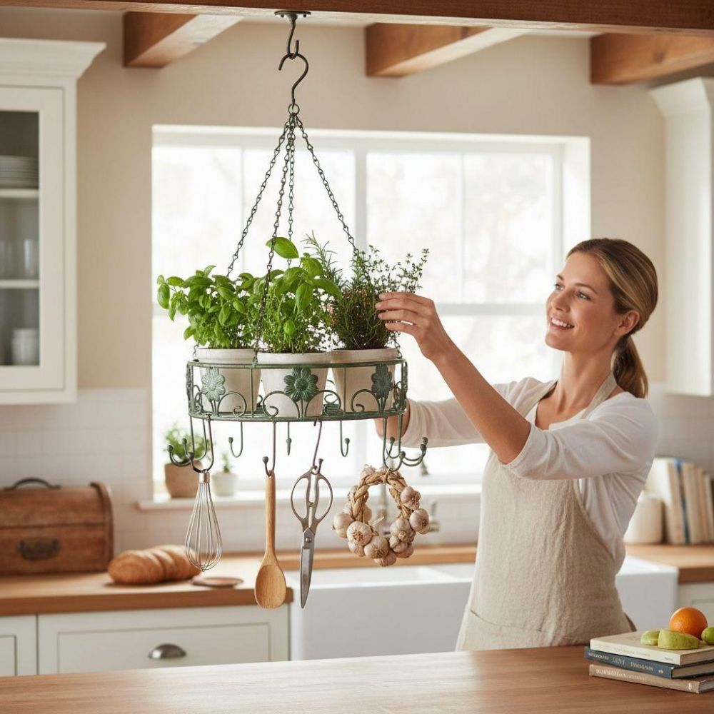 DanDiBo Pot Hanger Ceiling Rack Hanging Basket Green 96006 60 cm Hanging Shelf Sausage Crown Basket Kitchen Shelf Kitchen Crown Herb Crown
