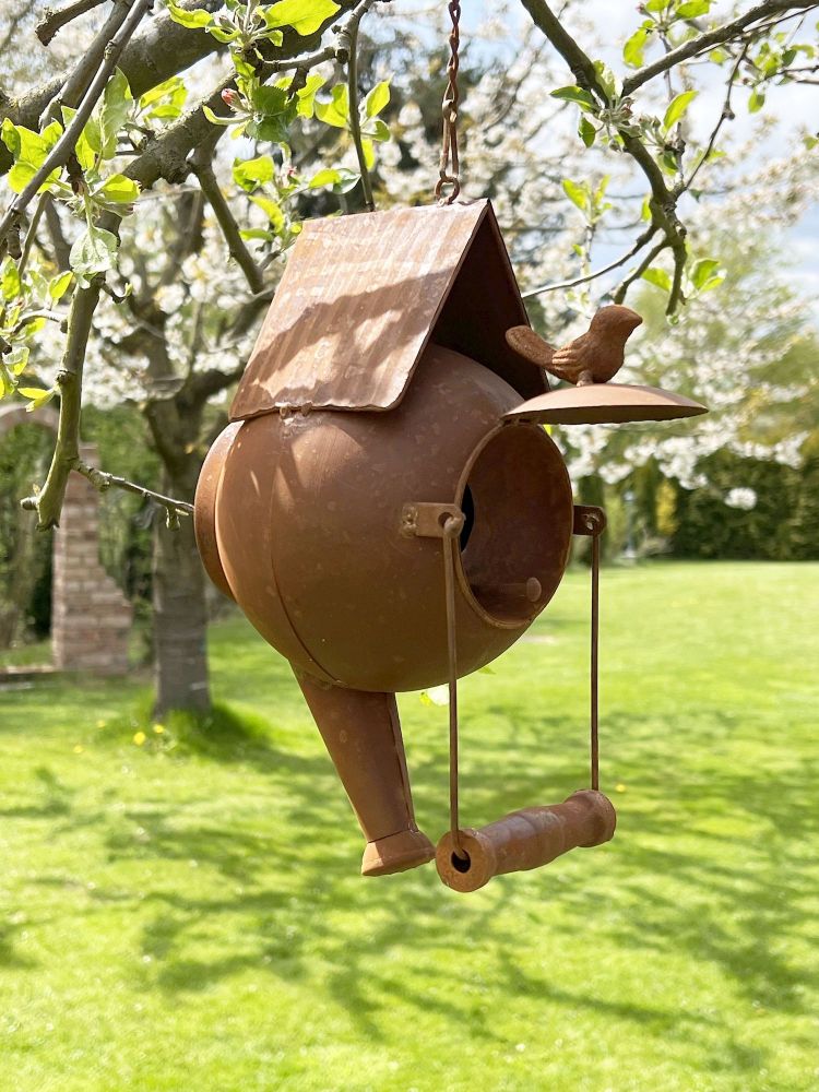 DanDiBo Vogelhaus zum Aufhängen Edelrost Deko Rost Gießkanne Wetterfest 96422 Nistkasten Futterstation für Vögel Shabby mit Kette hängend Metallkanne Kanne Balkon