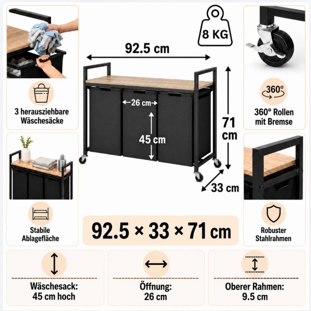 DanDiBo Wäschekorb mit Rollen und Ablage Wäscheregal Wäschesammler 3 Fächer 96697 Wäschebox Regal Wäschetonne Wäschesortierer Wäschetrenner