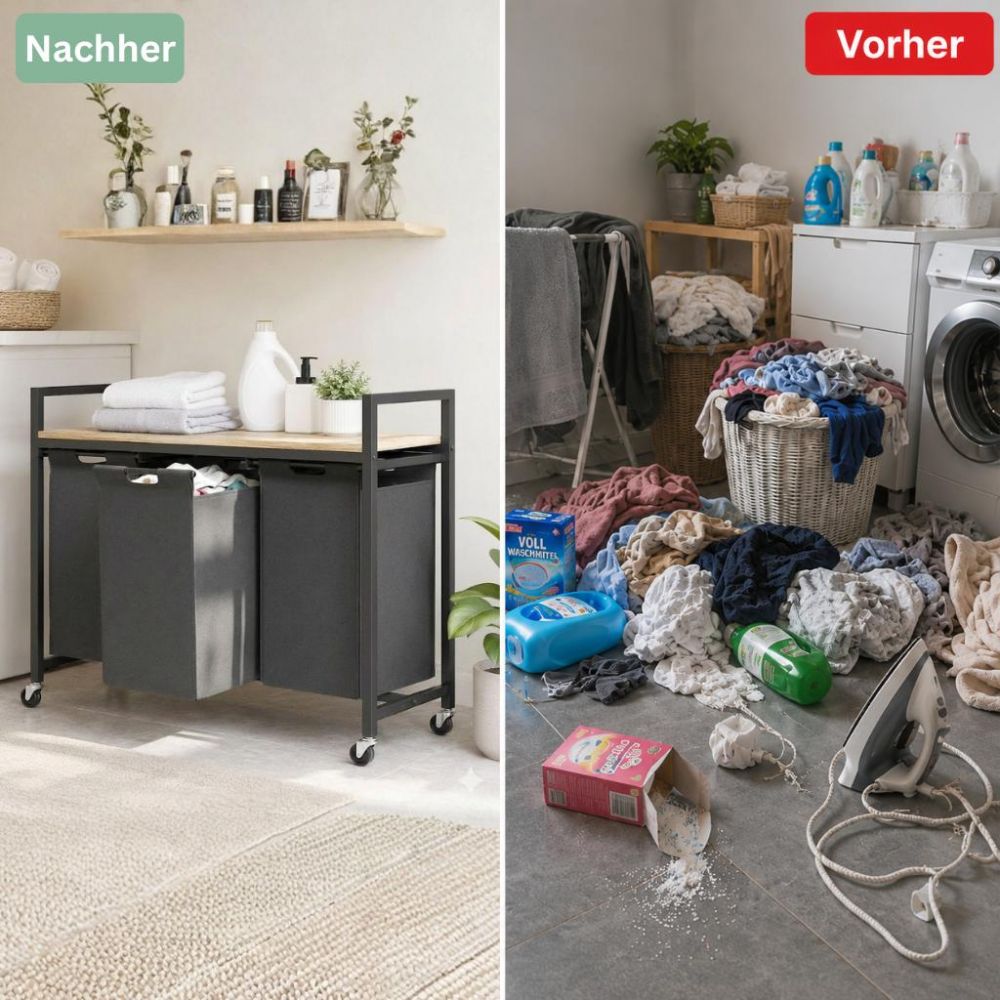 DanDiBo Wäschekorb mit Rollen und Ablage Wäscheregal Wäschesammler 3 Fächer 96697 Wäschebox Regal Wäschetonne Wäschesortierer Wäschetrenner